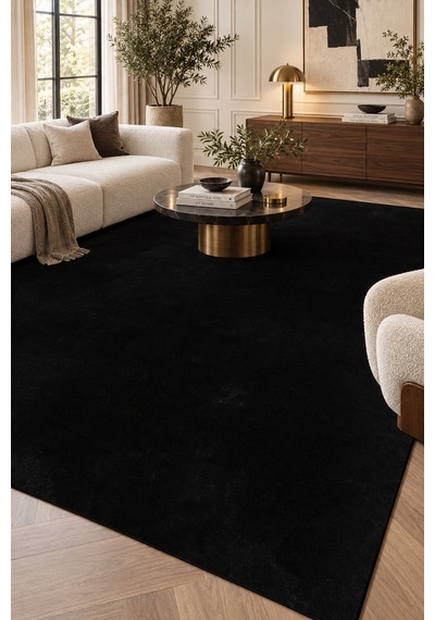 Tüyen Zemin Peluş Yüksek Havlı Ekstra Yumuşak Kaymaz Tabanlı Siyah Kabartmalı Polyester Halı