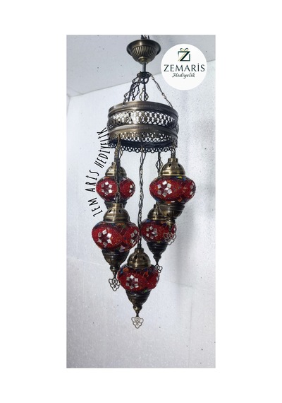 El Yapımı Otantik Mozaik 5 Li Avize Tavan Lambası Dekoratif Pembe - 786500254 Pembe