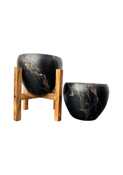BİTKİ TASARIMI EV DEKORASYON SİYAH ÜZERİ GOLD MERMER EFEKTLİ TOPRAK SAKSI SAKSILIK SALON ÇİÇEKLİK İKİLİ SET AYAKSIZ - 4 AYAKLI- 15 CM