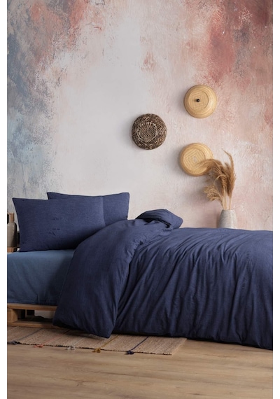 Marble Özel Boyama %100 Pamuk Çift Kişilik Nevresim Takımı Lacivert-indigo Karışık