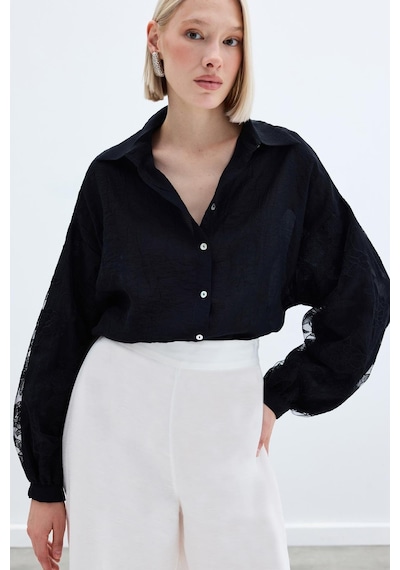 Sateen Nakış Detaylı Kraşlı Gömlek - Siyah-136254 Siyah