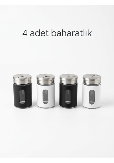 Chefstar 4 Adet Cam Baharatlık Seti - Paslanmaz Çelik Kapaklı Pencereli Tuzluk Karabiberlik Seti Siyah - beyaz