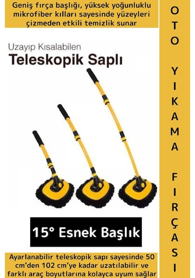 Esnek Başlıklı Islak Kuru Kullanım 50 Cm-102 Cm Ayarlanabilir Teleskopik Saplı Oto Yıkama Fırçası