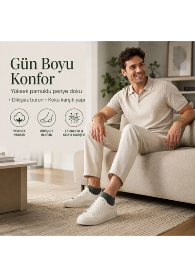 Bezos Erkek Pamuklu Patik Çorap 6 Lı Paket 39-44 Dikişsiz Burun, Koku Karşıtı, Nefes Alan Kısa Konç Sneaker Çorabı Dlra Haki