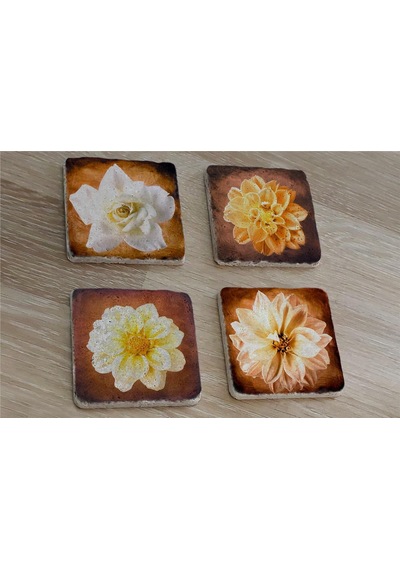 Lotus Ve Gül Doğal Taş Bardak Altlığı 4'lü Set - Natural Stone Coasters - Taş Kahverengi