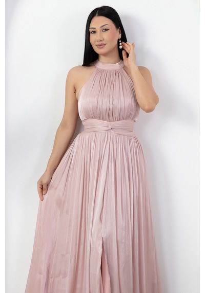 Kalopya Halter Yaka Beli Düğümlü Yırtmaçlı Elbise Drp6882 Pembe