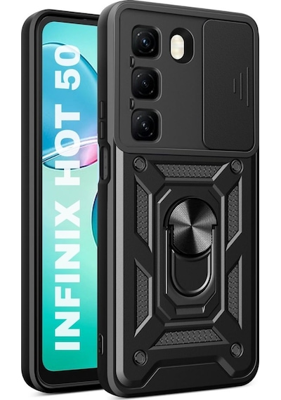 Infinix Hot 50 4G Uyumlu Tank Kılıf Yüzüklü Standlı Extra Koruma Zırhlı Outdoor Kapak - Siyah