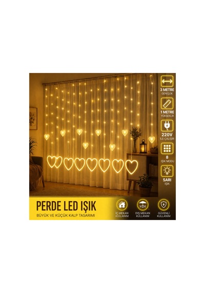 3 Metre 8 Modlu Kalp Perde Led Işık - Sarı Sıcak Beyaz Işı