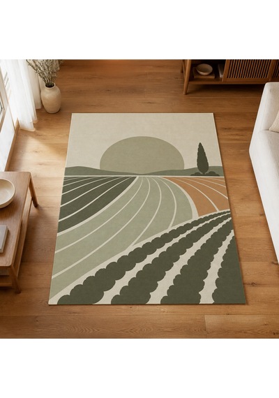 Kartela Halı Güneş Tarlası Manzaralı Modern Halı Adaçayı Yeşili Kaymaz Taban 160x240 Cm