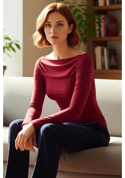 Ersefa Stil Kadın Drapeli Vücuda Oturan Esnek Bluz Regular Örme Slim Kal bordo