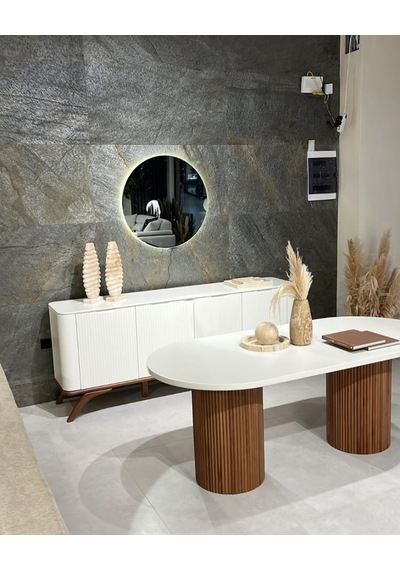 Echo İskandinav Oval Ahşap Bohem Masa 90x160 Ceviz - Beyaz