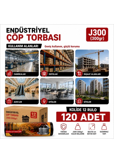 Endüstriyel Jumbo Boy Çöp Torbası 80x110 Cm 12 Rulo - 120 Adet Sızdırmaz Kalın Çöp Poşeti 300gr