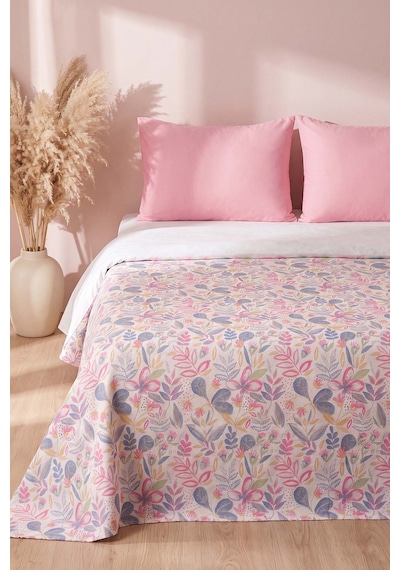 Pembe Kır Bahçesi Desenli Çift Kişilik Baskılı Pike & Yatak Örtüsü 200x230 Cm