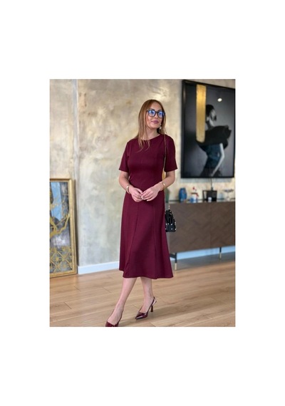 Butik İstanbul Kadın Kısa Kollu Bisiklet Yaka Midi Viskon Iki Iplik Elbise Bordo