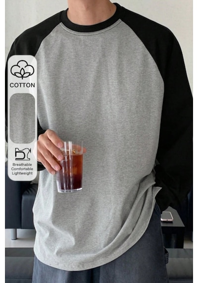 Tarz Cool Erkek Reglan Kol Uzun Kollu Basic Tişört Süprem %100 Cotton Bisiklet Yaka Rahat Kalıp Siyah