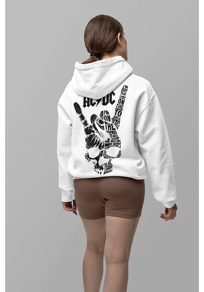 Sevbano Rock Metal Müzik Grubu Baskılı Unisex Oversize Ac Dc Hoodie Beyaz