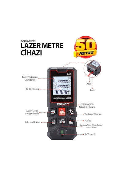 50 Metre Yüksek Hassasiyet Lazer Metre Ölçer Lcd Dijital Ekran Su Terazili Lazermetre Lazerli