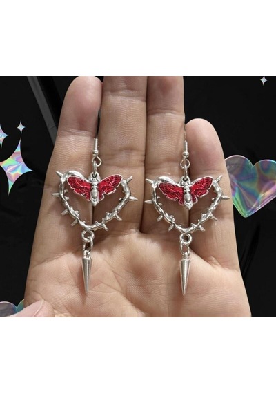 Dükkan Design Dikenli Kalp Kırmızı Kelebek Küpe Gümüş - Kırmızı
