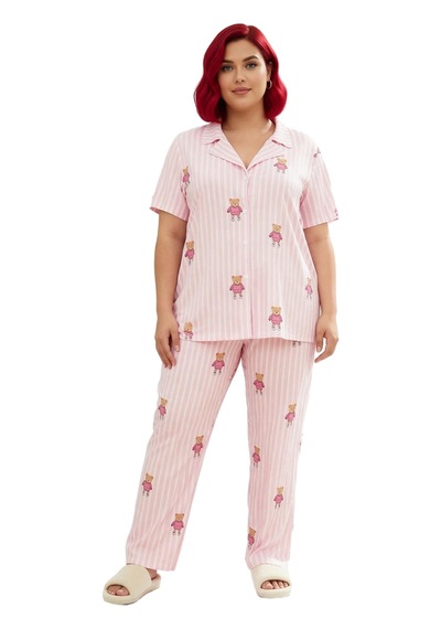 Ersefa Kadın Yıldızlı Melanj Örme Pijama Takımı Gömlek Yaka Fonksiyonel Pembe