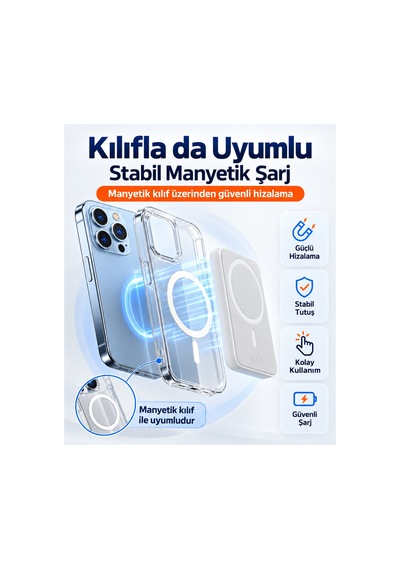 İphone 12/13/14/15/16/17/18 Uyumlu Magsafe Battery Pack 5000 Mah Powerbank Kablosuz Wireless Batarya Şarj Aleti siyah