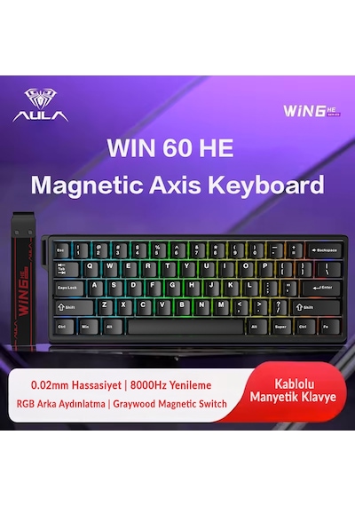 Aula Win60 He Manyetik Klavye Rapid Trigger Graywood Swtich 8000hz Rgb Tkl Hot Swap Oyuncu Klavyesi Siyah