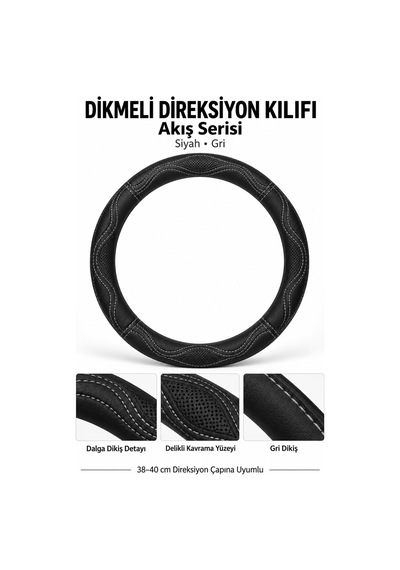 Trobus Ford Transit Connect 2002-2013 Uyumlu Dikmeli Direksiyon Kılıfı Akış Siyah Gri Siyah - Gri