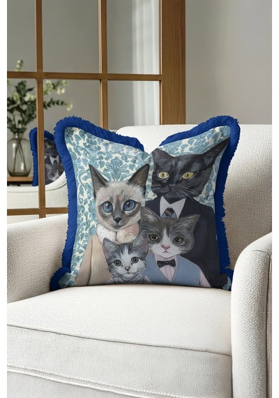 Zarif Vintage Kedi Ailesi Saçaklı Yastık Kılıfı - Sanatsal Bohem Mavi Püsküllü Kırlent Kılıfı Açık Kumlu Nane