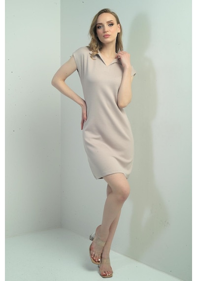 By Saygı Kadın Polo Yaka Elbise-40653 Bej