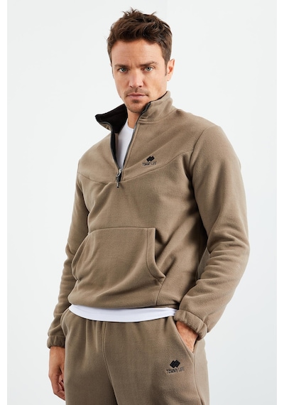 Tommy Life Camel Yarım Fermuar Dik Yaka Lastik Paça Polar Erkek Eşofman Takımı - 85159 Camel