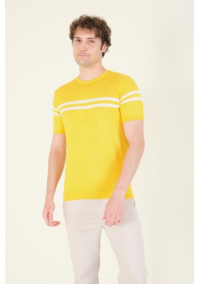 Giyim Dünyası Erkek Sıfır Yaka Çizgili Merserize T-shirt Sarı 001