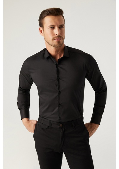 Twn Slim Fit Siyah Düz Gömlek 5ee02ee44288m 001