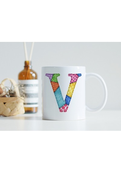 V Harfi Renkli Yamalı Tasarım Kupa Bardak - Bohem Patchwork Desenli Kupa - Etnik Hediyelik Beyaz