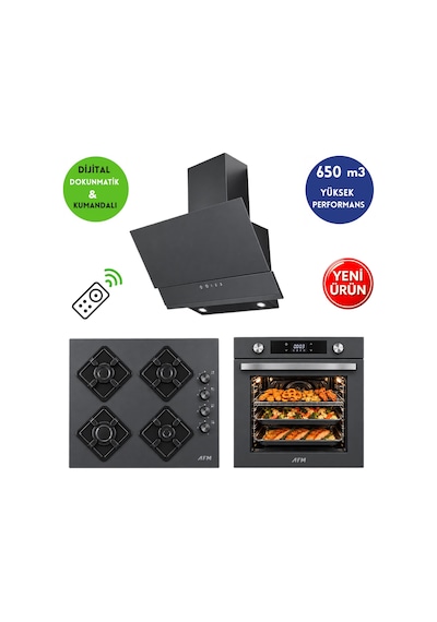 Alveus AFM Serisi Gc-2 Antrasit-Gri Cam Turbo Dijital 3'Lü Ankastre Set Fırın + Ocak + Davlumbaz