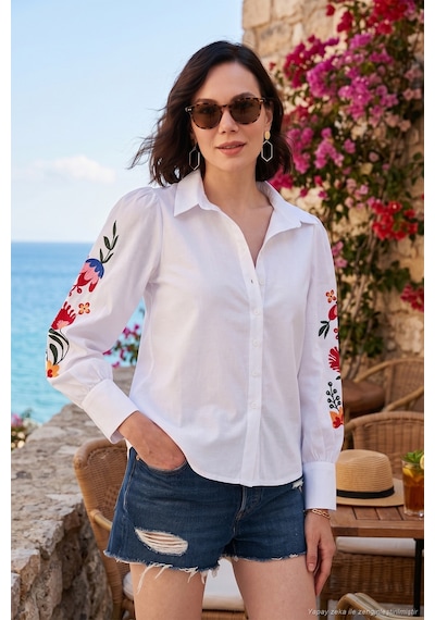 Lela Pamuklu Balon Kollu Regular Fit Çiçek Nakışlı Bayan Gömlek 611Go003 Beyaz