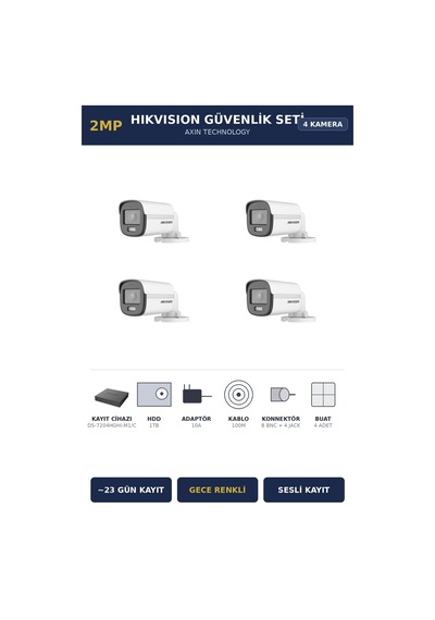 Hikvision 4 Kameralı 2mp Güvenlik Kamera Seti Colorvu Gece Renkli 1tb 23 Gün Kayıt Bullet Dış Mekan