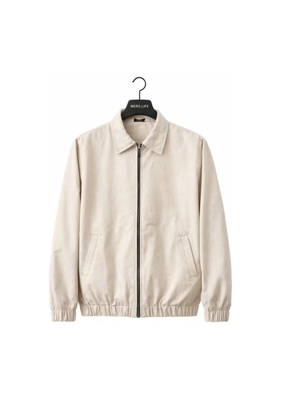 Mero Life Erkek Basic Old Money Fermuarlı Oversize Mevsimlik Polo Yaka Gabardin Kumaş Krem Ceket
