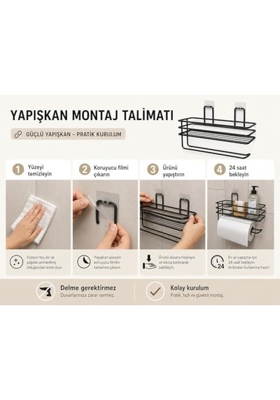 Yapışkanlı Siyah Raflı Solo Havlu Askısı, Delmeden Montaj Banyo Ve Mutfak Duvar Tipi Havluluk Organizer 4 Renk