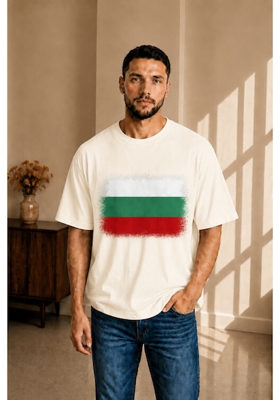 Sngl Tekstil Erkek Oversize Bulgaristan Bayrak Baskılı Kısa Kollu Tişört S M L Xl 2xl Ekru