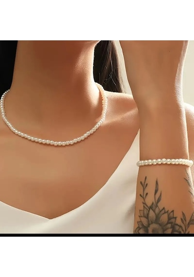 Sade Şık İnci Kolye Bileklik Set Beyaz