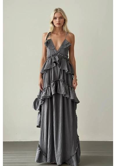 Fashion Cocktail İp Bağlama Askılı Fırfırlı Hacimli Dalgalı Hareketli Yırtmaçsız Maxi Uzun Yazlık Sahil Tatil Elbise Gri