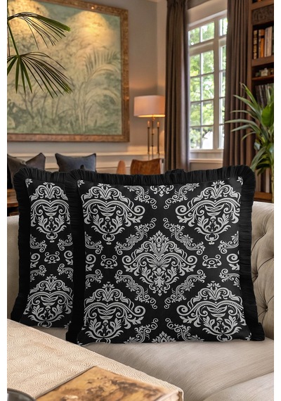 Barok Lüks Saçaklı Yastık Kılıfı - Siyah Gümüş Klasik Elegan Püsküllü Kırlent Kılıfı Göl Açık Bej