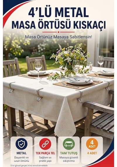 4'lü Metal Masa Örtüsü Kıskacı 1,5-2,5 Cm Masa Kenarı İçin Sabitleyici Kıskaç Seti 4 Adet Pratik Set Gri