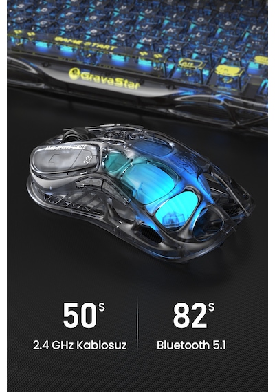 Gravastar Mercury M2 Rgb 26k Dpı Optik Gaming Mouse, Kablosuz, Programlanabilir 5 Tuşlu, Şeffaf Siya Mercury M2