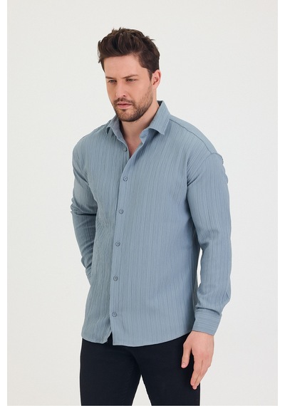 Cool Tarz Erkek Kendinden Çizgi Detaylı Slim Fit Dar Kalıp Uzun Kol Gömlek Mavi Mavi