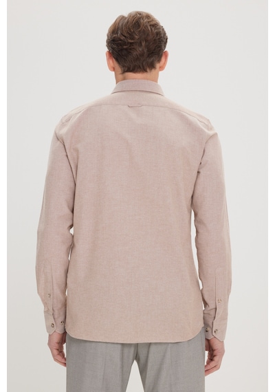 Erkek Vızon Slim Fit Dar Kesim Düğmeli Yaka Pamuklu Oxford Gömlek Vizon