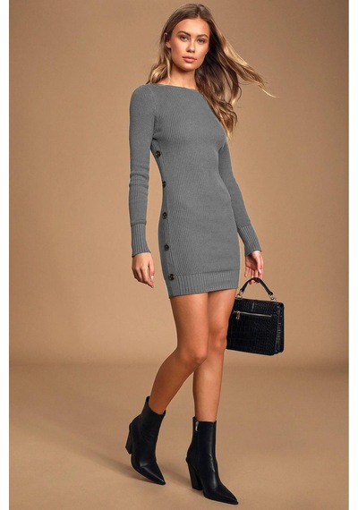 Aqe Fashion Kadın Geniş Yaka Uzun Kol Yandan Düğme Detaylı Gri Triko Elbise Gri