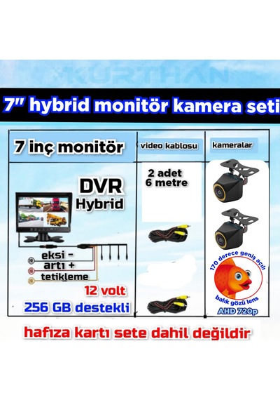 2 Adet 4x3 Cm. Ahd 720p 170 Derece Balık Gözü Lens Kamera 7 İnç Ips Qled 256 Gb Dvr Monitör 12 V