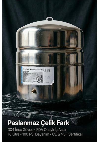 Pae S-1800 Tank Silver 4,8 Galon 18 Litre Paslanmaz Çelik Ters Ozmoz Su Depolama Tankı