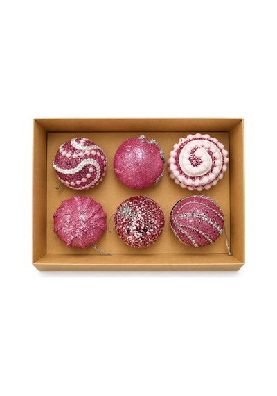 Lüks Kutulu 6'lı Yılbaşı Ağacı Topu 6 Cm - Pembe Desenli Design Top Seti Diğer