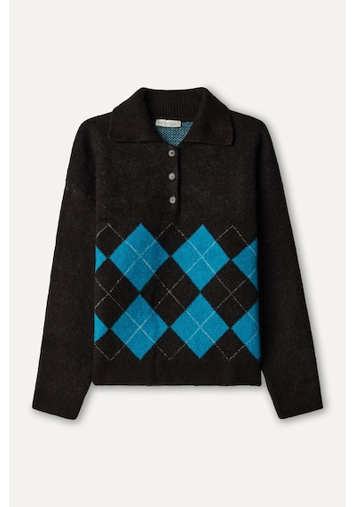 Mudo Kadın Kadın Kahverengi Baklava Desenli Loose Fit Polo Yaka Kazak 1271671 Koyu Kahve